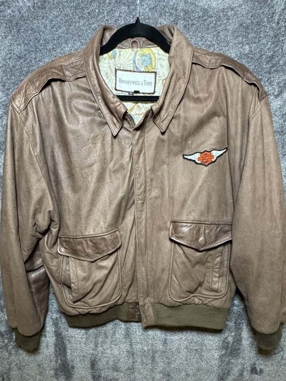 Vintage Honeywell & Todd Leather A-2 Bomber Jacket Large Brown Harley Patch